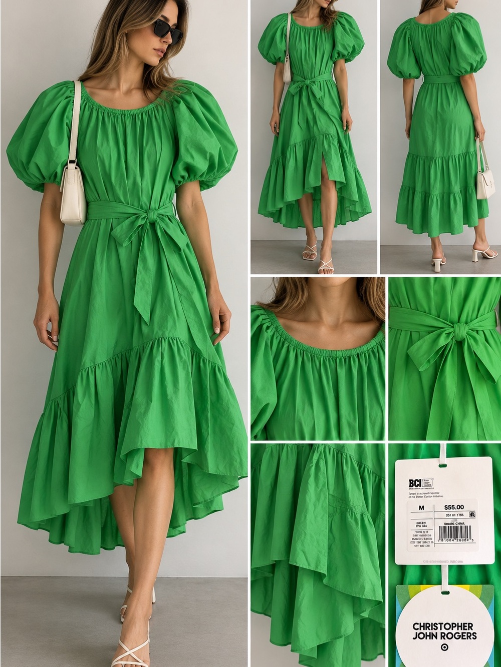 Christopher John Rogers Vibrant Green Puff-Sleeve High-Low Midi Dress